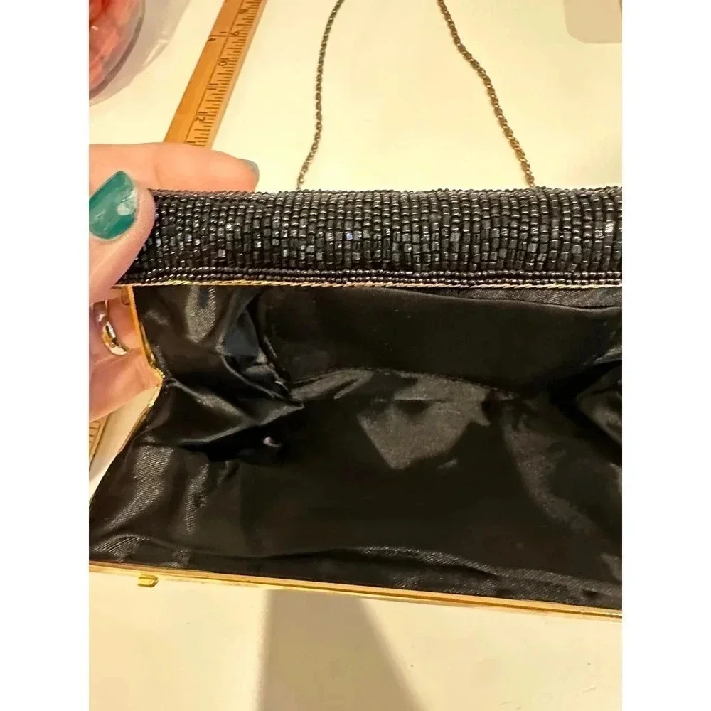 Vintage Women's Rectangle Shape Black Beaded Handbag Purse